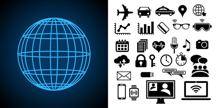 Illustration d&rsquo;une sph&egrave;re plan&eacute;taire avec une collection d&rsquo;ic&ocirc;nes d&rsquo;objets connect&eacute;s &agrave; internet ( IOT ) utilis&eacute;s pendant vos voyage : voiture, tchat, wi-fi, ordinateur, etc.