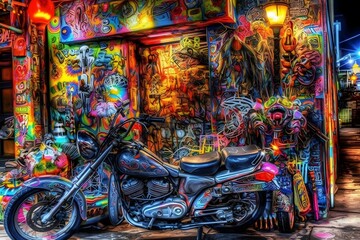 Fototapeta na wymiar psychedelic hypermaximalist cyberdelic motorcycle on a city street at night hyperrealistic