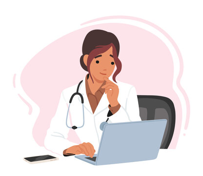 Young Female Doctor Character Sitting At Desk, Typing On Laptop, Focused On Providing High-quality Patient Care
