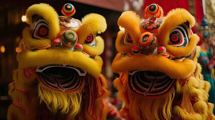 two performers dressed in colorful lion costumes performing the traditional Lion Dance during Chinese New Year. Generative AI