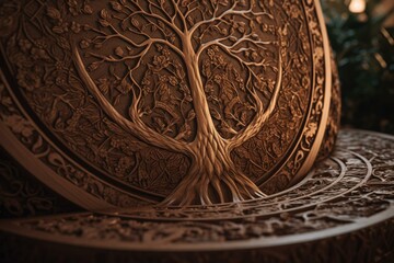 Wooden carving of a sacred geometry tree of life symbol. Spiritual and meaningful. Generative AI