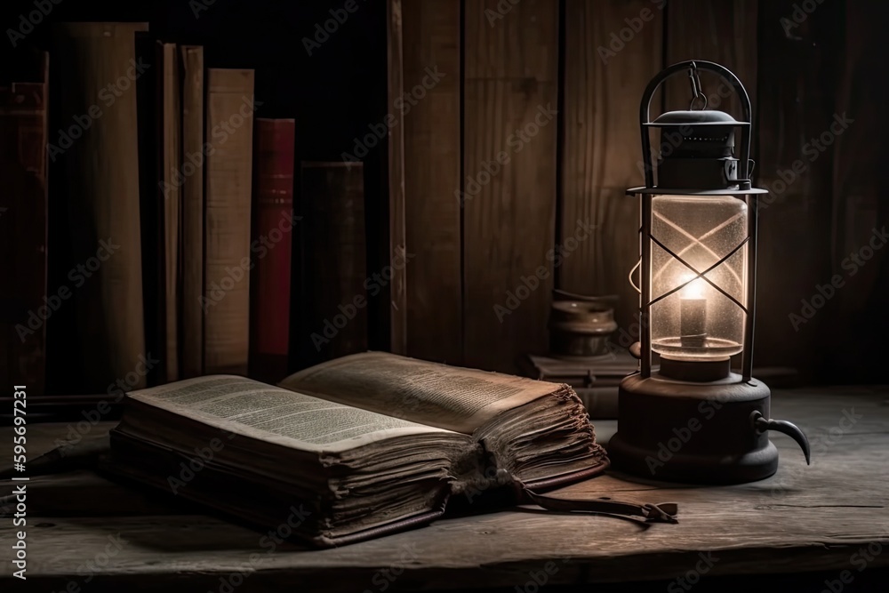 Poster an open book and a lantern on a table. generative ai
