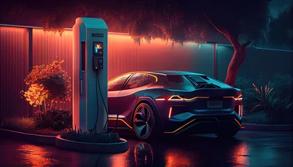 Zelfklevend Fotobehang Modern car at standalone electric vehicle charging station. Generative AI © keks20034