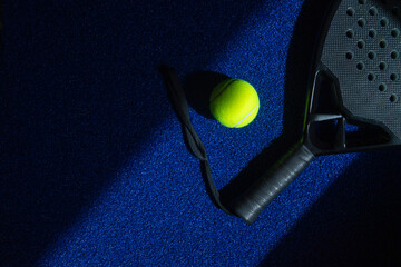 Black professional paddle tennis racket and ball with natural lighting on blue background....
