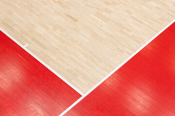 Wooden floor volleyball, basketball, badminton, futsal, handball court. Wooden floor of sports hall with marking lines line on wooden floor indoor, gym court