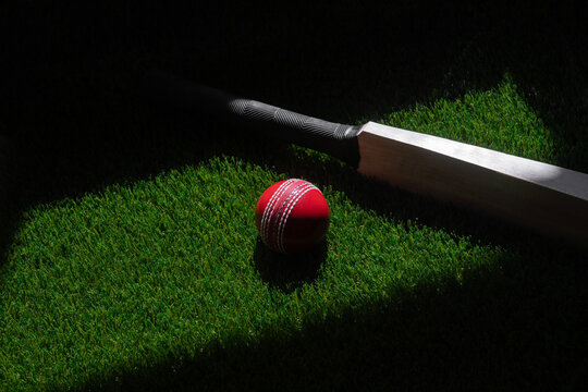Cricket bat and red ball on green grass. Horizontal sport theme poster, greeting cards, headers, website and app