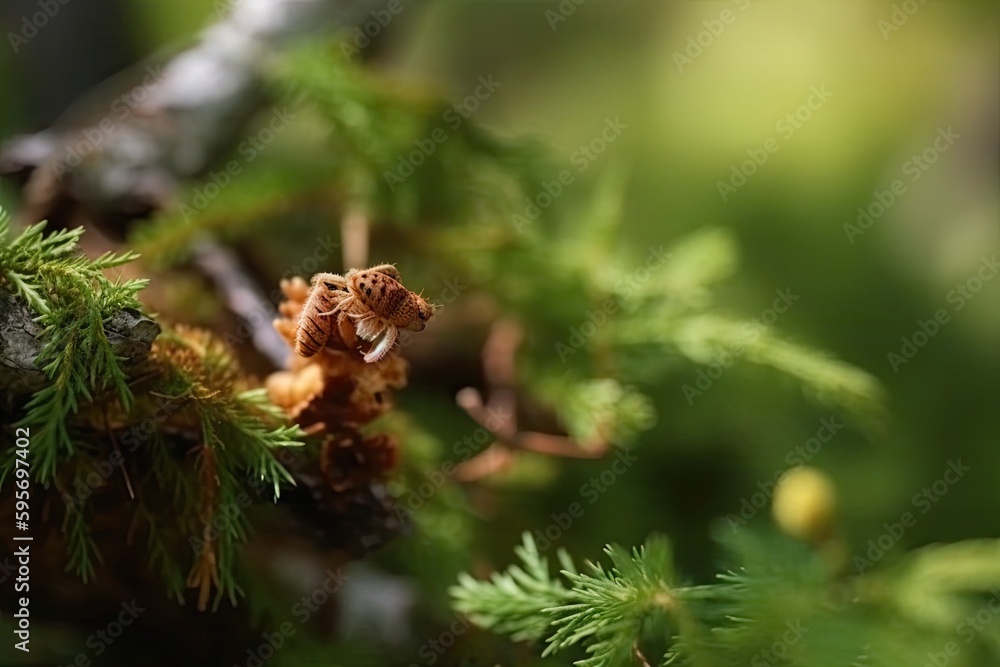 Poster close up of a pine cone on a tree branch. generative ai