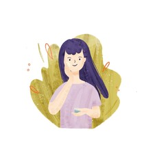 A happy girl applying face cream illustration with plants in the background
- 595697417