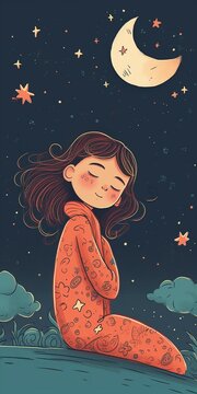 Cartoon or hand drawn mobile wallpaper, good night little girl, stars and moon, Fantastic color scheme. AI generative