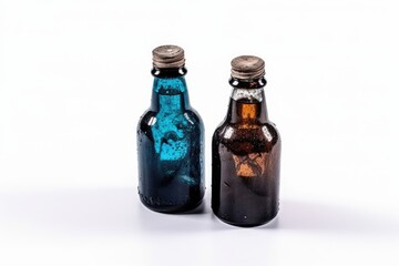 two glass bottles placed side by side on a white background. Generative AI