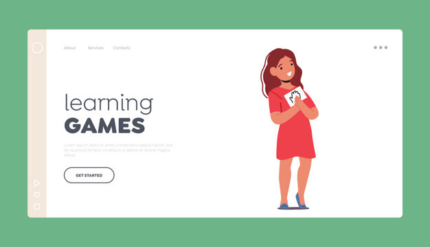 Learning Games Landing Page Template. Cute Little Girl Character Show Card With Hand-drawn Human Hand