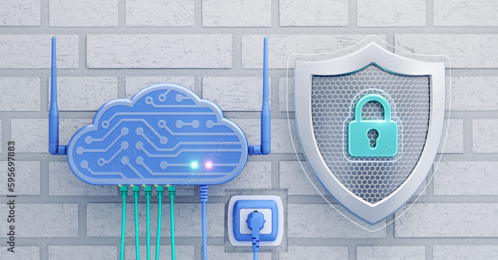 Poster cybersecurity of a personal digital cloud. a home wi-fi router designed in a form of an electronic c
