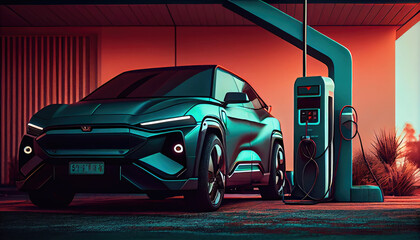 Modern car at standalone electric vehicle charging station. Generative AI - obrazy, fototapety, plakaty