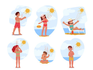 Set Concept of Children's Skin Sunburn Cause Redness, Pain, And Blisters due to Overexposure To The Sun Uv Rays