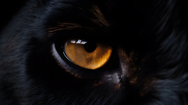 Macro image of a black panther s eye. Extreme close up angle with black background. Generative AI.