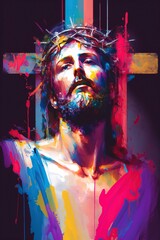 illustration, colorful art of jesus crucified, generative ai