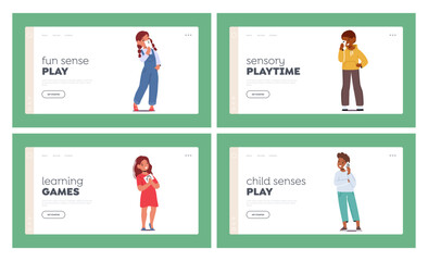 Kids Representing Human Sensitive Organs Landing Page Template Set. Cute Little Children Show Five Senses Flash Cards