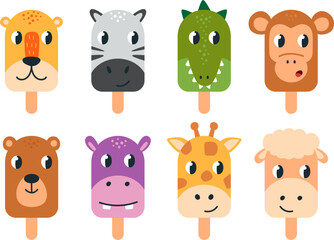 Animals ice cream on sticks. Cute childish mascots, isolated animal funny faces. Cartoon monkey, hippo and giraffe. Classy vector sweety clipart