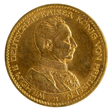Goldmünze aus dem deutschen Reich von 1914: Wilhelm II, deutscher Kaiser, König von Preussen im Profil in Uniform