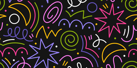 Squiggles doodle, colorful lines seamless pattern. Bright cool summer background. Decorative line graphic fabric print. Random shapes racy vector texture