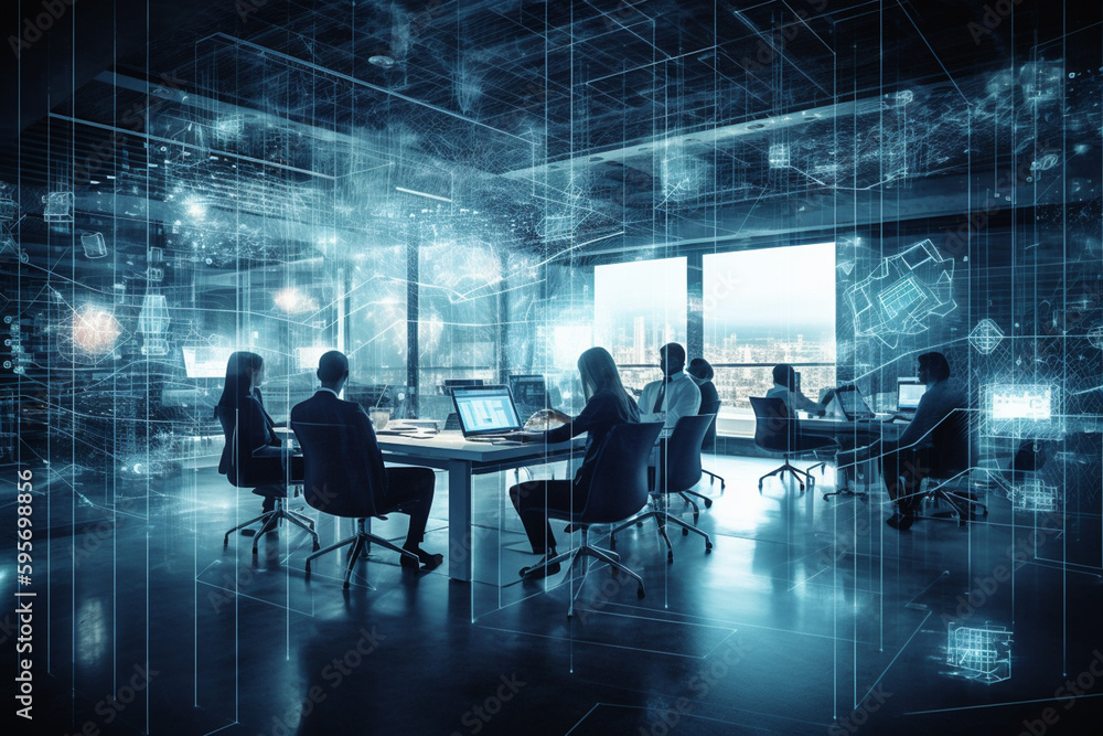 Wall mural group of developers working in office, abstract illustrations around, created with generative ai tec