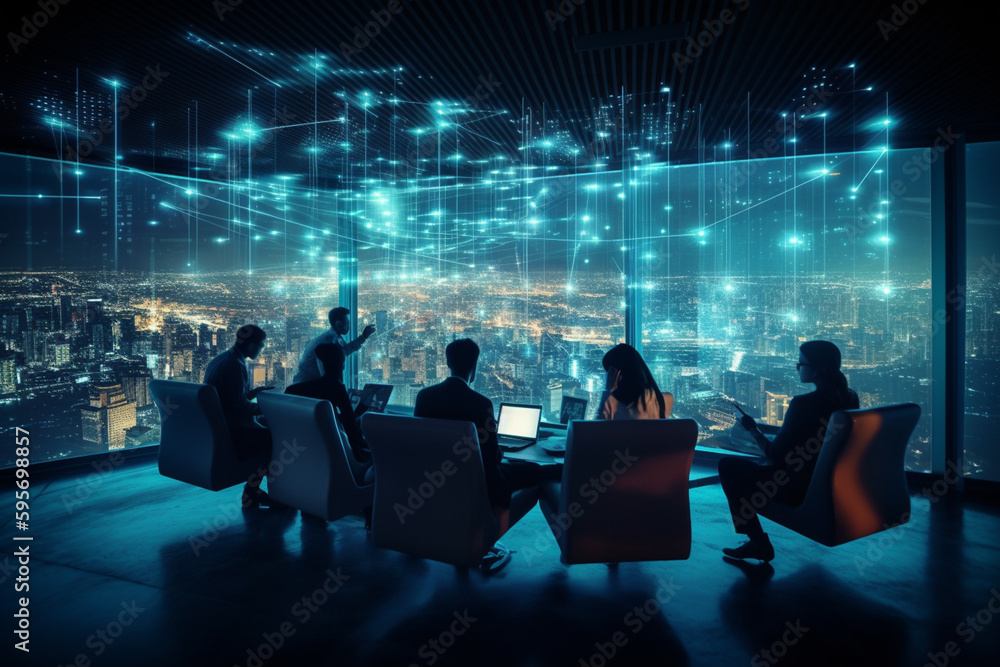 Wall mural group of developers working in office, abstract illustrations around, created with generative ai tec