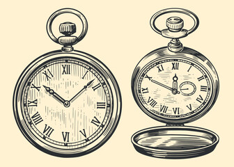 Antique pocket watch, retro clock. Time concept. Vector vintage engraved illustration