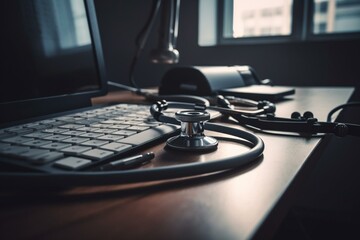 Naklejka na ściany i meble Stethoscope and keyboard on doctor's desk. Generative AI
