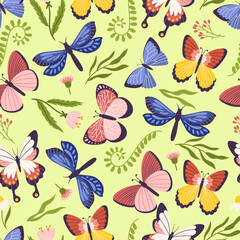 Floral And Butterfly Seamless Pattern, Featuring Vibrant Colors And Intricate Details, Creating A Whimsical Design