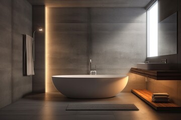 Fototapeta na wymiar modern bathroom with a large white bathtub and sink. Generative AI
