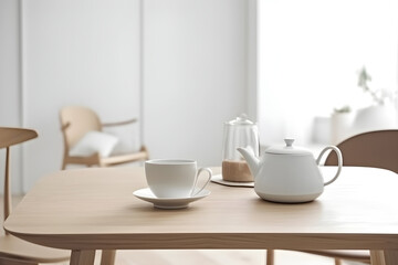 Fototapeta na wymiar Breakfast at home lifestyle. Morning tea concept. Teapot and a cup on wooden table in scandinavian style room at home near the window. Generative AI