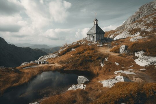 A mountain top church overlooks a serene lake. Generative AI