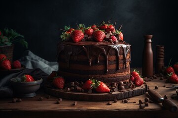 Obraz na płótnie Canvas Chocolate cake with sliced strawberries. Generative AI