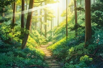 Illustration of a bright forest in the afternoon with anime style background. Generative AI