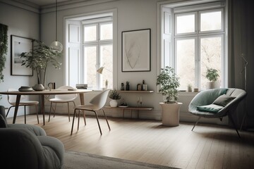 Fototapeta na wymiar Interior design inspired by Scandinavian style. Generative AI
