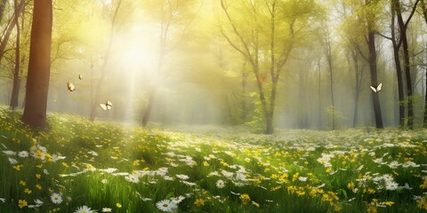 forêt au printemps, rayon de soleil,