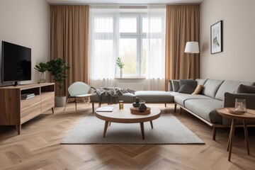 3D rendering of a modern living room, furnished in Scandinavian style. The room features clean lines, minimalistic design, and a neutral color palette. Generative Ai