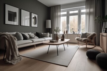 Fototapeta premium 3D rendering of a modern living room, furnished in Scandinavian style. The room features clean lines, minimalistic design, and a neutral color palette. Generative Ai
