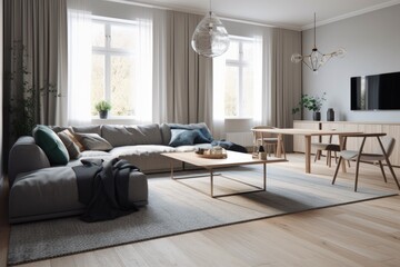 3D rendering of a modern living room, furnished in Scandinavian style. The room features clean lines, minimalistic design, and a neutral color palette. Generative Ai