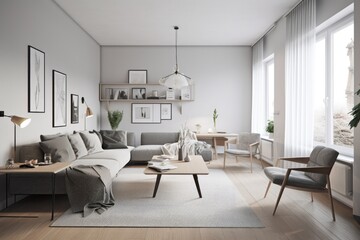 Naklejka na ściany i meble 3D rendering of a modern living room, furnished in Scandinavian style. The room features clean lines, minimalistic design, and a neutral color palette. Generative Ai