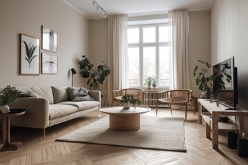 Fototapeta na wymiar 3D rendering of a modern living room, furnished in Scandinavian style. The room features clean lines, minimalistic design, and a neutral color palette. Generative Ai