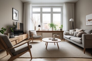 Fototapeta premium 3D rendering of a modern living room, furnished in Scandinavian style. The room features clean lines, minimalistic design, and a neutral color palette. Generative Ai