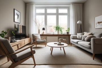 3D rendering of a modern living room, furnished in Scandinavian style. The room features clean lines, minimalistic design, and a neutral color palette. Generative Ai