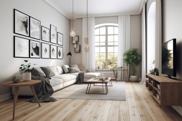3D rendering of a modern living room, furnished in Scandinavian style. The room features clean lines, minimalistic design, and a neutral color palette. Generative Ai