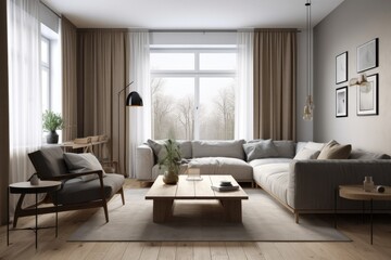 Obraz na płótnie Canvas 3D rendering of a modern living room, furnished in Scandinavian style. The room features clean lines, minimalistic design, and a neutral color palette. Generative Ai