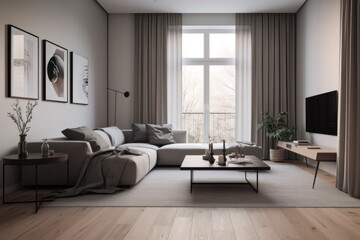 Obraz na płótnie Canvas 3D rendering of a modern living room, furnished in Scandinavian style. The room features clean lines, minimalistic design, and a neutral color palette. Generative Ai