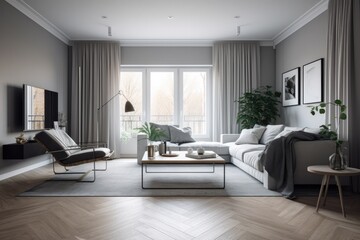 3D rendering of a modern living room, furnished in Scandinavian style. The room features clean lines, minimalistic design, and a neutral color palette. Generative Ai