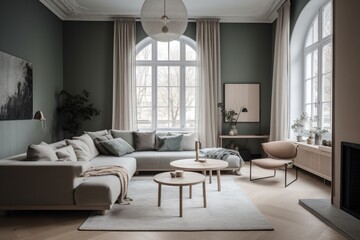 3D rendering of a modern living room, furnished in Scandinavian style. The room features clean lines, minimalistic design, and a neutral color palette. Generative Ai