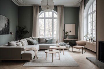 Fototapeta premium 3D rendering of a modern living room, furnished in Scandinavian style. The room features clean lines, minimalistic design, and a neutral color palette. Generative Ai