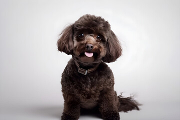 Cute little and funny dark brown poodle puppy smiling, isolated, free space for text. Generative AI